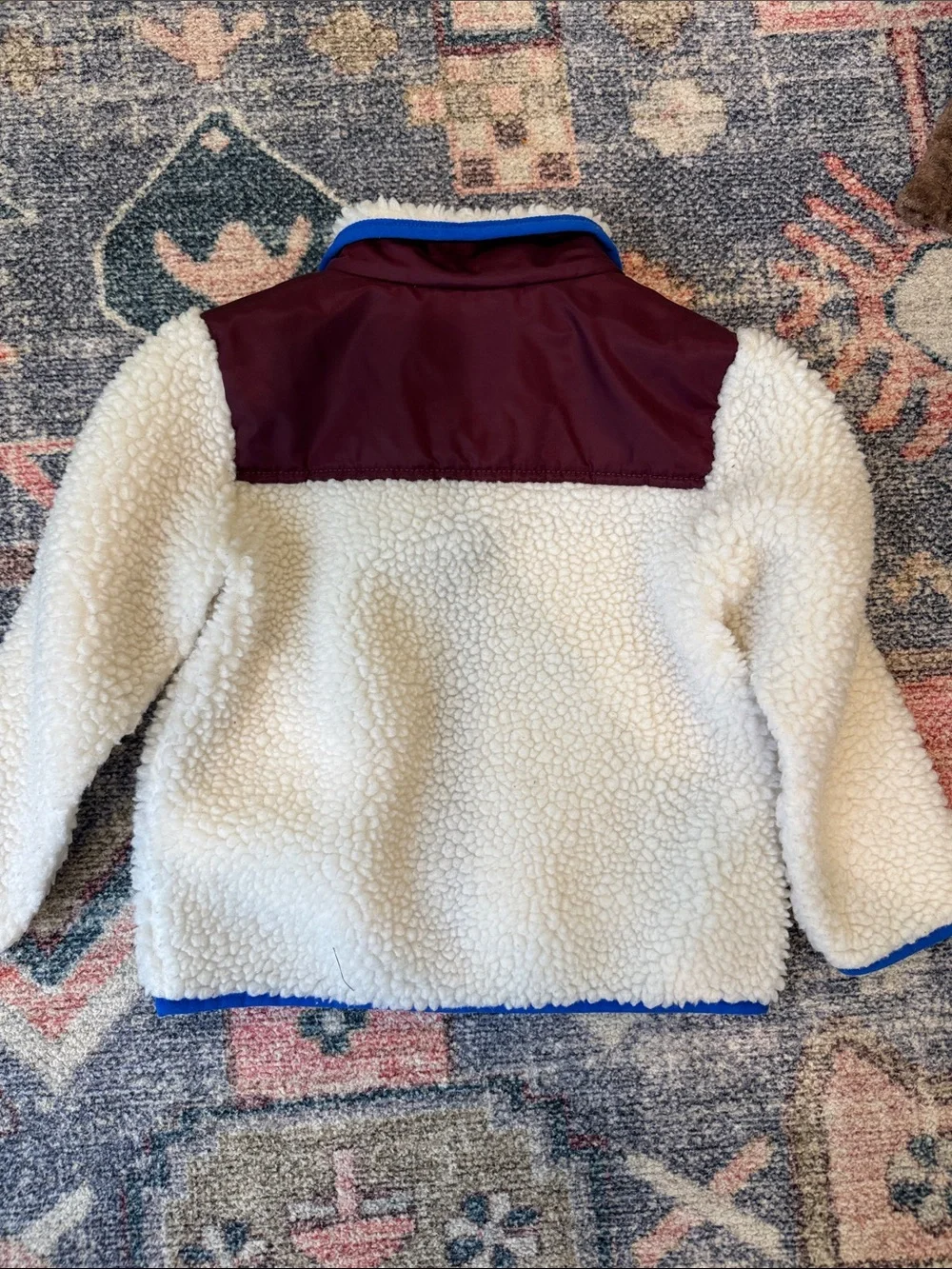 Crewcuts Cream Sherpa Jacket with Maroon Panels and Blue Trim